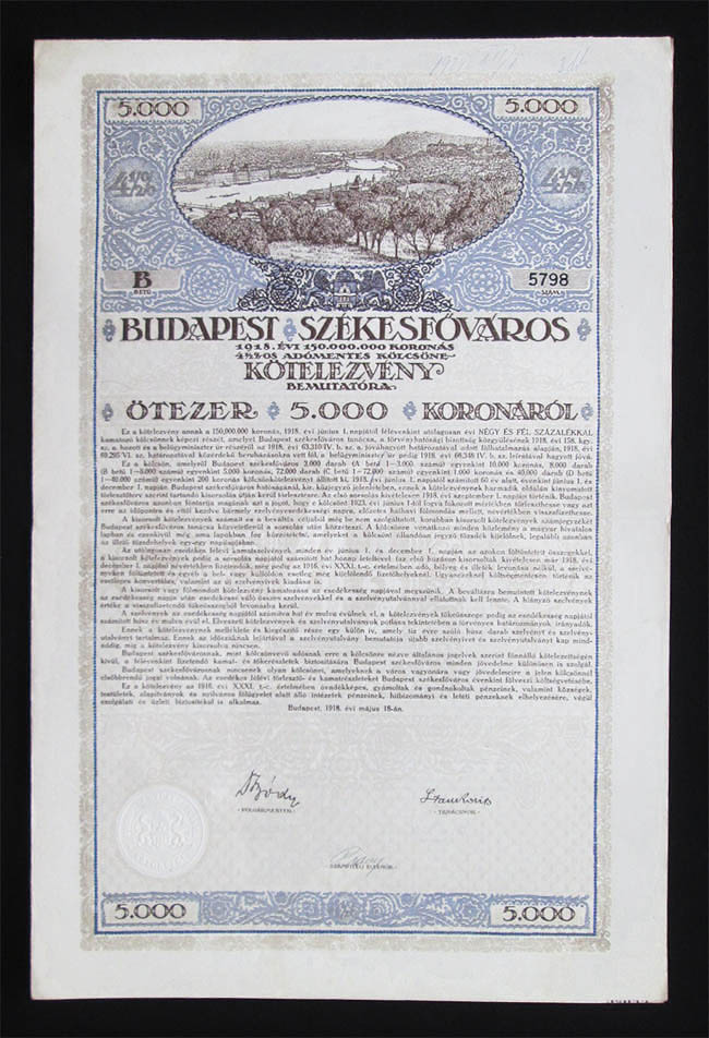 Budapest Szkesfvros ktelezvny 5000 korona 1918